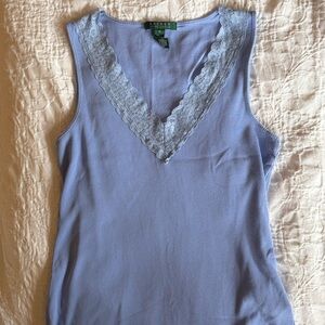 Y2K Ralph Lauren Blue Lace-Trim Ribbed Tank